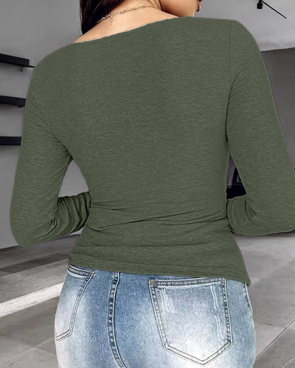ChicMe Built-in Bra Notch Neck Long Sleeve Shirts Rib-Knit Ruched Waist Top