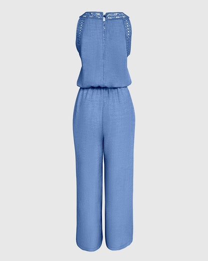 Women's Halter Jumpsuit Lace Trim Backless Overalls Tied Detail Wide Leg Jumpsuit with Pockets