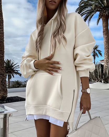 Long Sleeve Pocket Design Pullover Sweatshirt Casual Faux Two Piece Longline Drawstring Hooded Top