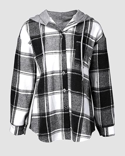 CHICMELIVE Womens Casual Jacket Plaid Hooded Fleece Lined Shacket