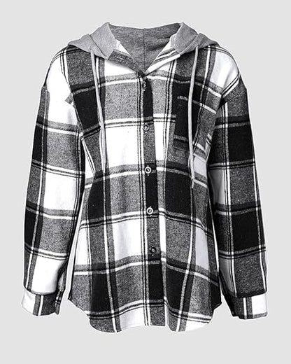 CHICMELIVE Womens Casual Jacket Plaid Hooded Fleece Lined Shacket