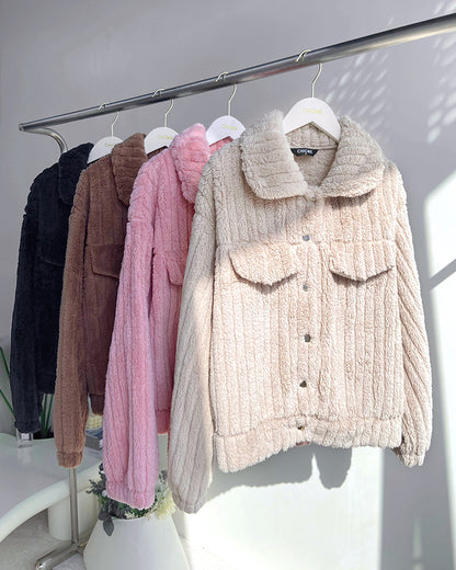 Textured Striped Turn-down Collar Button Front Elastic Cuff and Hem Teddy Fleece Jacket With Decorative Flap Pockets