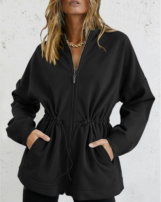 Long Sleeve Waist Drawstring Hooded Coat Casual Loose Fit Cardigan Jacket with Pockets