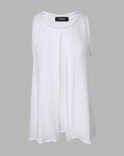 Slit Hollow Out Round Neck Fake Two Piece Tank Top