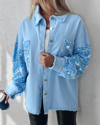 Casual Jacket Sequin Patchwork Long Sleeve Jacket Top Button Front Raw Hem Oversized Denim Shacket