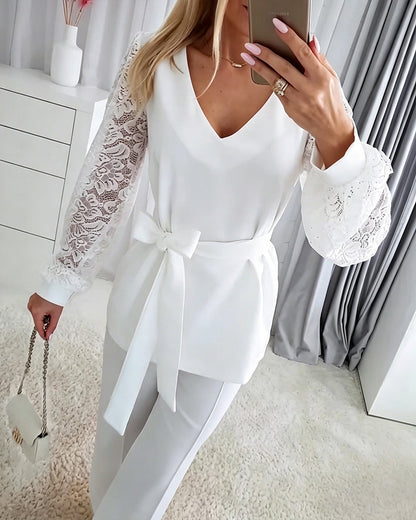 Women's Two Piece Outfits V-Neck Lace Long Sleeve Top and Wide Leg Pants Set Elegant Matching Set with Belt