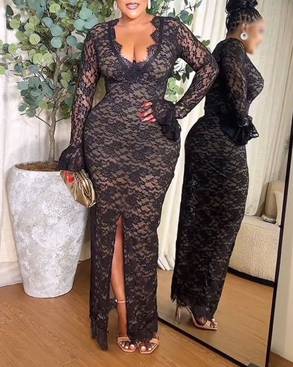 Elegant Lace Plunge V Neckline Long Sleeve Dress Casual Slim Fit Slit Evening Maxi Dress