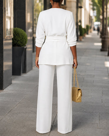 Women's Two Piece Suit Set V Neck Tie Waist Blazer and High Waisted Straight Leg Pants Elegant Business Set