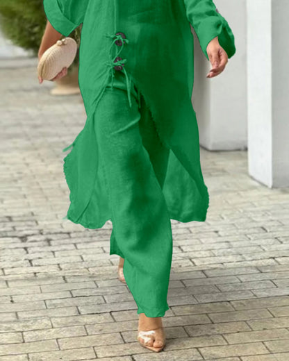 2 Pieces Outfit Button Decor One Shoulder Turn-Up Sleeves Slit Raw Edges Top and Casual Drawstring Elastic Waist Wide Leg Pants Set