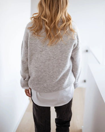Women's Rib-Knit Polo Sweater V-Neck Collared Long Sleeve Pullover Loose Fit Drop Shoulder Top