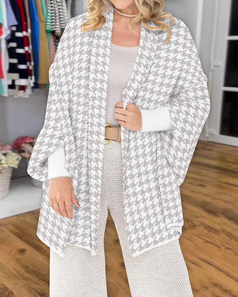 Houndstooth Print Versatile Loose Fit Sweater Coat Casual Warm Cape Shawl