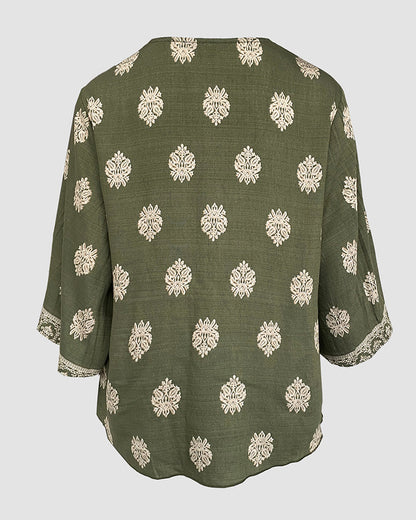 Floral Print V Neck Long Sleeve Blouse Casual Loose Fit Top