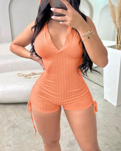 Side Drawstring Slim Fit Sleeveless Hooded Romper