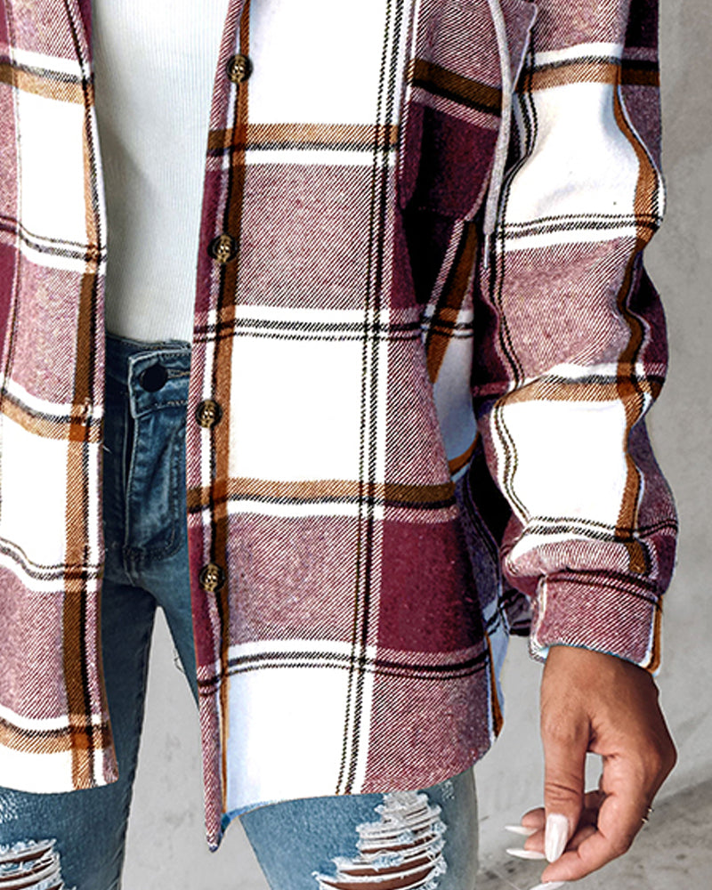 Plaid Pattern Long Sleeve Shacket Button Down Fleece Lined Hooded Jackets Warm Coat