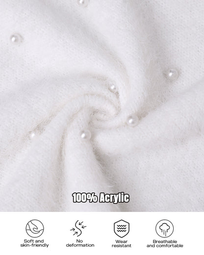 V-Neck Long Sleeve Beaded Decor Oversized Sweater Fluffy Pullover Top