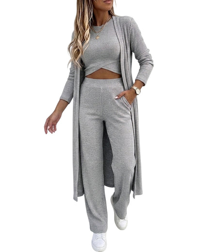 CHICMELIVE Women's 3 Piece Lounge Set Ribbed Cardigan Tank Wide Leg Pant