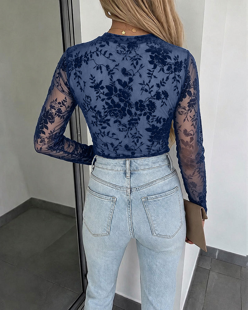 CHICME Women's Flocked Floral Sheer Mesh Long Sleeve Top with Lined