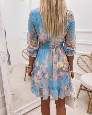 ChicMeLive Women's Watercolor Floral Chiffon Dress Overlap V-Neck Shirred High Waist Vacation Dress A-Line Ruffle Hem Dress