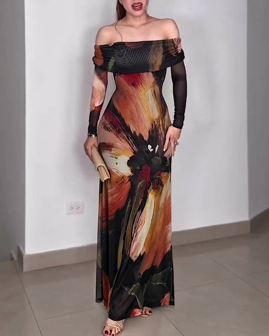 Women's Oil Painting Print Foldover Off-Shoulder Mesh Overlay Maxi Dress Long SleeveRuched Mermaid Long Dress