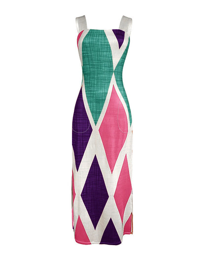 Geometric Print Square Neck Thick Strap Vacation Dress Casual Slim Fit Slit Maxi Dress