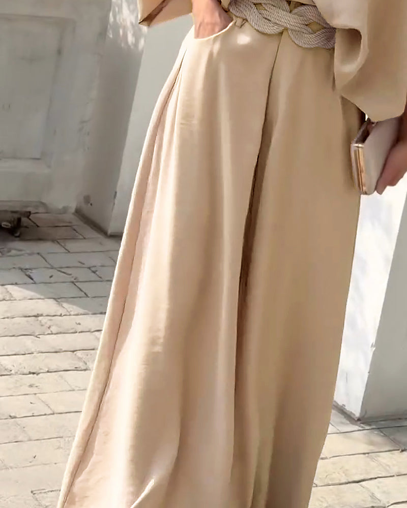 Skew Neck Lantern Sleeve Loose Top & Zipper Fly Wide Leg Pants Set without Belt