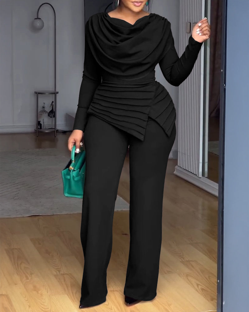 Cowl Neck Asymmetrical Textured Patchwork Cinched Waist Jumpsuit Casual Zipper Back Wide Leg Jumpsuit
