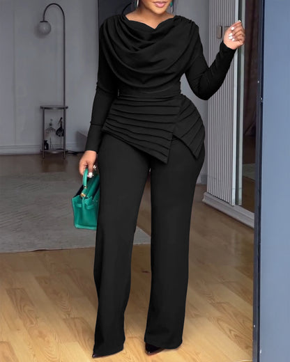 Cowl Neck Asymmetrical Textured Patchwork Cinched Waist Jumpsuit Casual Zipper Back Wide Leg Jumpsuit