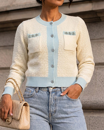 Women's Contrast Binding Knit Cardigan Pearl Beaded Textured Cropped Sweater Elegant Rhinestone Button Coat