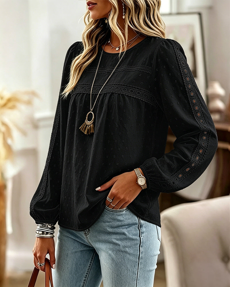 Women's Hollow-Out Lace Spliced Lantern Sleeve Top Elegant 3D Jacquard Chiffon Blouse for Work and Daily Wear