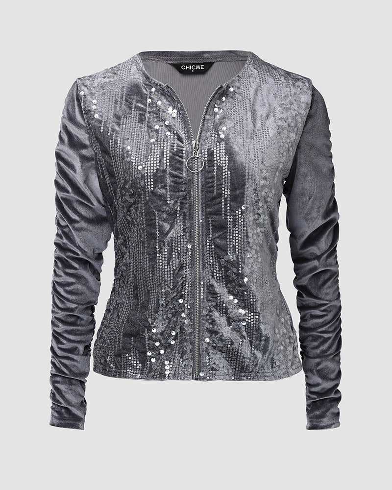 2 Pieces Outfit Contrast Sequin Ruched Long Sleeve Zip Up Coat and Elastic Waist Pants Set Casual Slim Fit Velvet Tracksuit