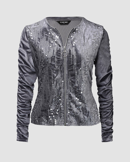2 Pieces Outfit Contrast Sequin Ruched Long Sleeve Zip Up Coat and Elastic Waist Pants Set Casual Slim Fit Velvet Tracksuit