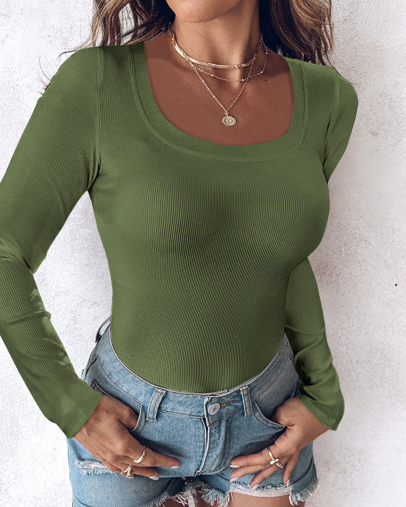 ChicMe Built-in Bra U-Neck Long Sleeve Ribbed Top
