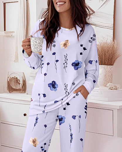 2 Pieces Outfit Floral Print Long Sleeve Drop Shoulder Top and Elastic Waist Pants Sets Casual Pajamas Set