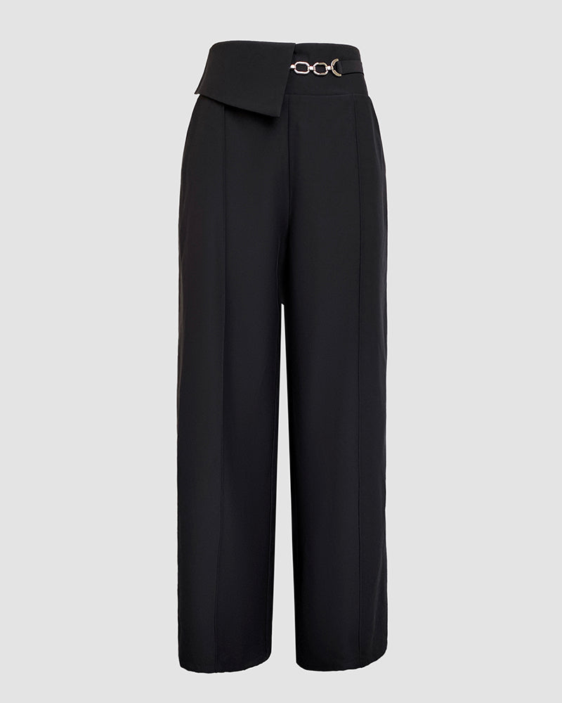 2 Pieces Outfit Floral Print Round Neck Bell Sleeve Satin Top and High Waist Wide Leg Work Pants Set