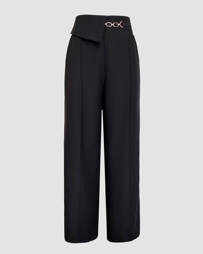 2 Pieces Outfit Floral Print Round Neck Bell Sleeve Satin Top and High Waist Wide Leg Work Pants Set