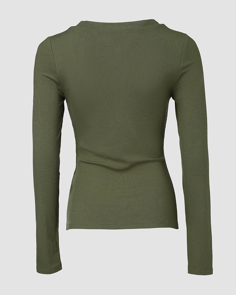 ChicMe Built-in Bra U-Neck Long Sleeve Ribbed Top