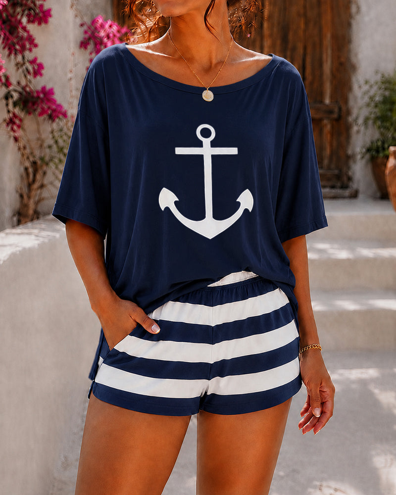 Women's Loungewear Set Anchor Print Side Slit Top and Striped Shorts Set Casual Pajamas Set with Pockets