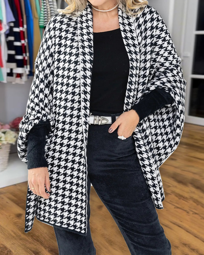 Houndstooth Print Versatile Loose Fit Sweater Coat Casual Warm Cape Shawl