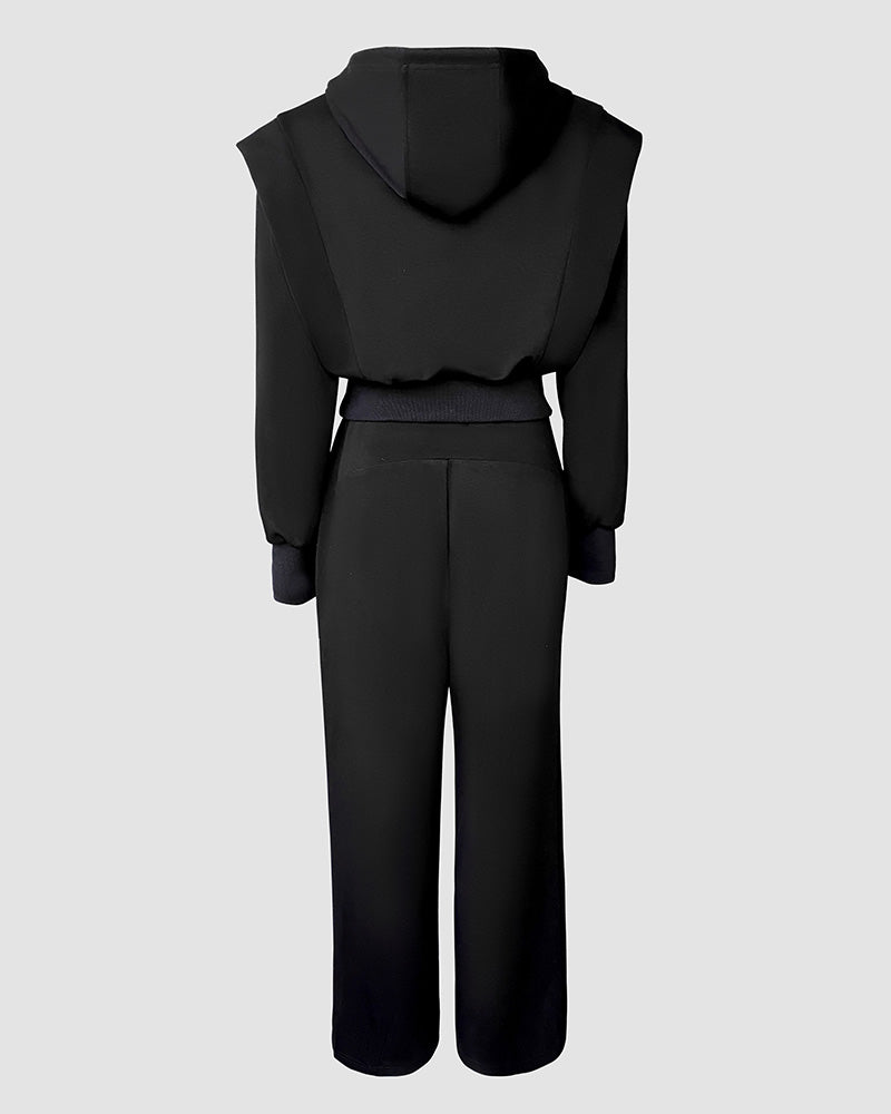 2 Pieces Outfit 3D Design Crop Drawstring Hoodie Top and Drawstring Elastic Waist Wide Leg Sweatpants Set Casual Rhinestone Letter Pattern Sweatshirt Set