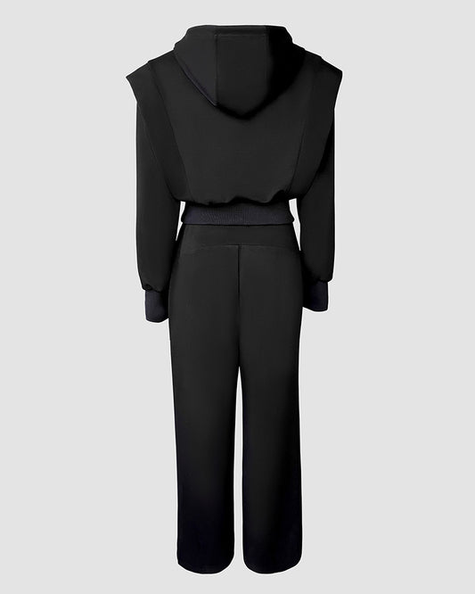 2 Pieces Outfit 3D Design Crop Drawstring Hoodie Top and Drawstring Elastic Waist Wide Leg Sweatpants Set Casual Rhinestone Letter Pattern Sweatshirt Set