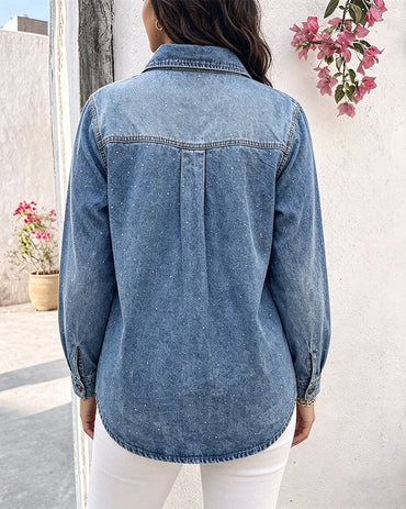 Women's Rhinestone Denim Jacket Washed Button-Down Shacket Sparkling Loose Fit Long Sleeve Casual Outerwear