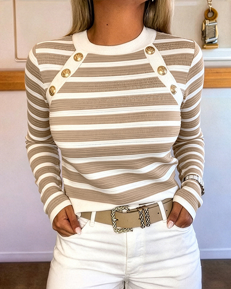 Women's Striped Knit Top Gold Button Long Sleeve Pullover Crewneck Slim Fit Knitwear Contrast Binding Sweater