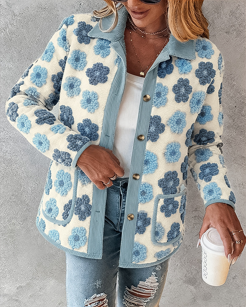 CHICMELIVE Women's Soft Floral Sherpa Jacket Corduroy Button Down Coat