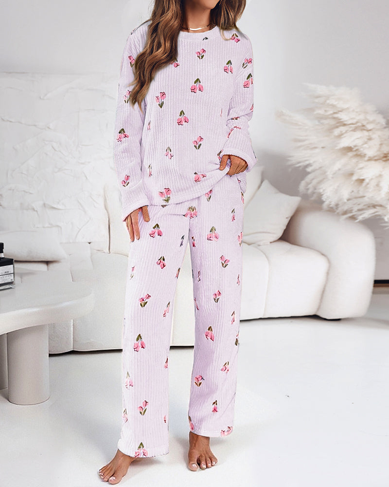 2 Pieces Outfit Floral Print Round Neck Drop Shoulder Top and Elastic Waist Pants Set Casual Ribbed Flannel Pajamas Set