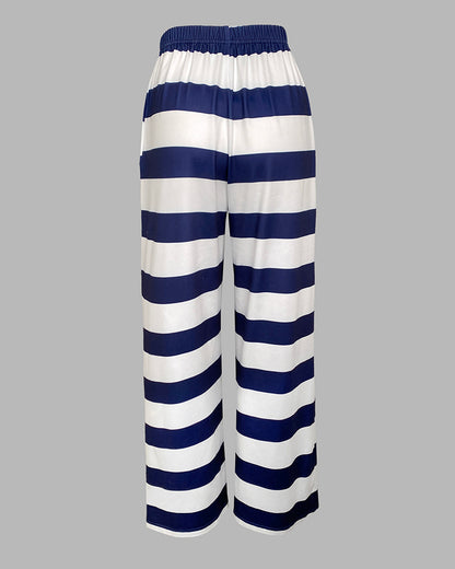 2 Pieces Outfit Anchor Pattern Short Sleeve Top and Striped Elastic Waist Pants Set Casual Pajamas Set