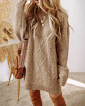 Round Neck Long Sleeve Drop Shoulder Pullover Sweater Casual Loose Fit Cable Knit Mid Length Sweater