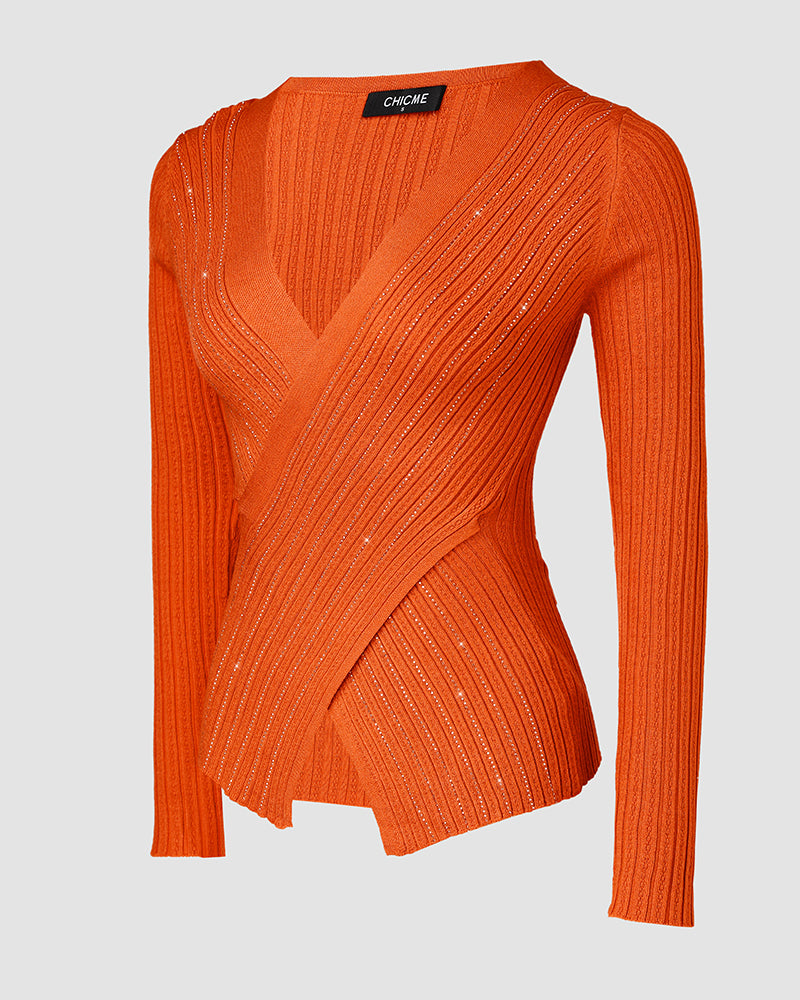 Rhinestone Decor Overlap V-Neck Long Sleeve Knit Sweater Asymmetrical Hem Slim Fit Textured Pullover Top