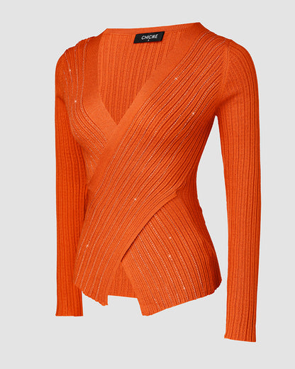 Rhinestone Decor Overlap V-Neck Long Sleeve Knit Sweater Asymmetrical Hem Slim Fit Textured Pullover Top