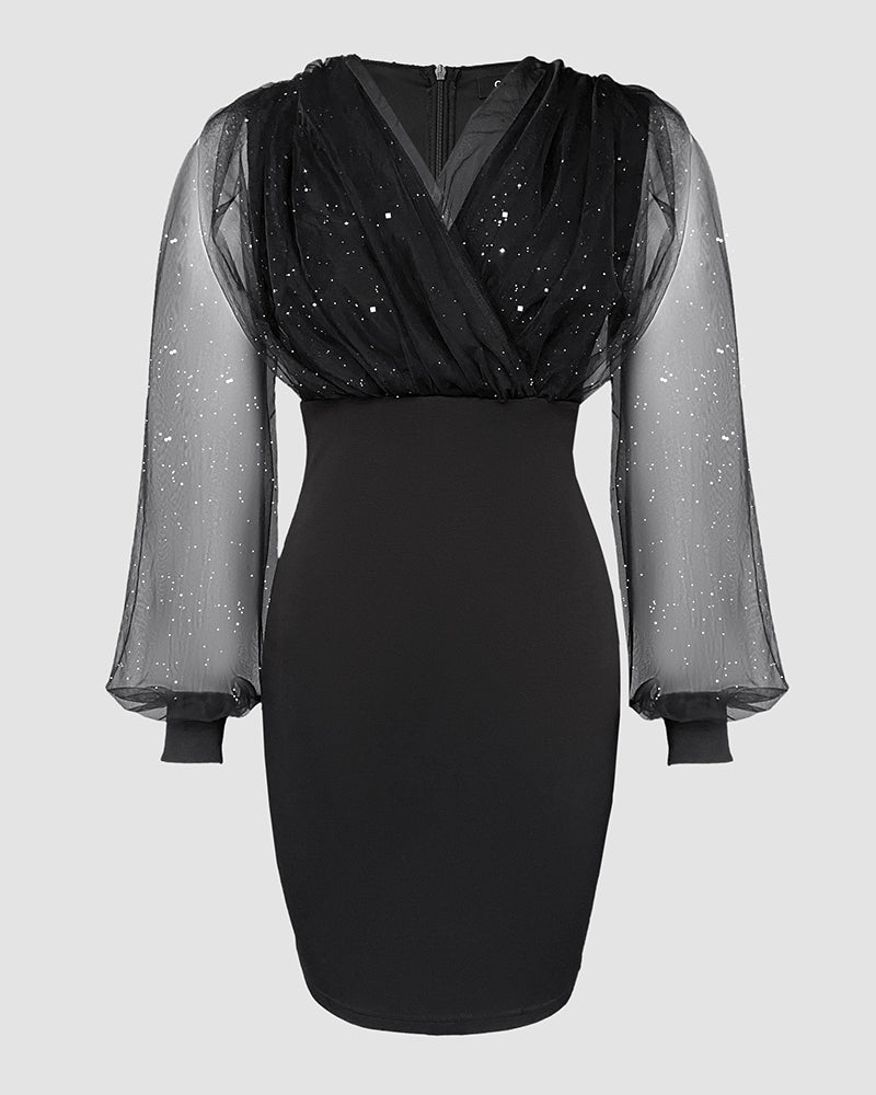 Glitter Sheer Mesh Spliced Overlap V-Neck Mesh Lantern Sleeve Mini Party Dress Ruched Zipper Back Slim Fit Evening Dress