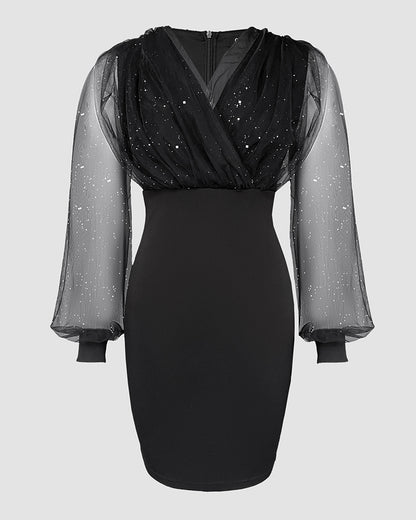 Glitter Sheer Mesh Spliced Overlap V-Neck Mesh Lantern Sleeve Mini Party Dress Ruched Zipper Back Slim Fit Evening Dress
